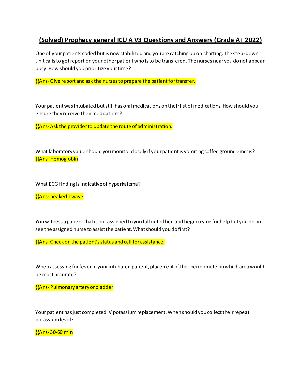 Preview image for (Solved) Prophecy general ICU A V3 Questions and Answers (Grade A+ 2022)